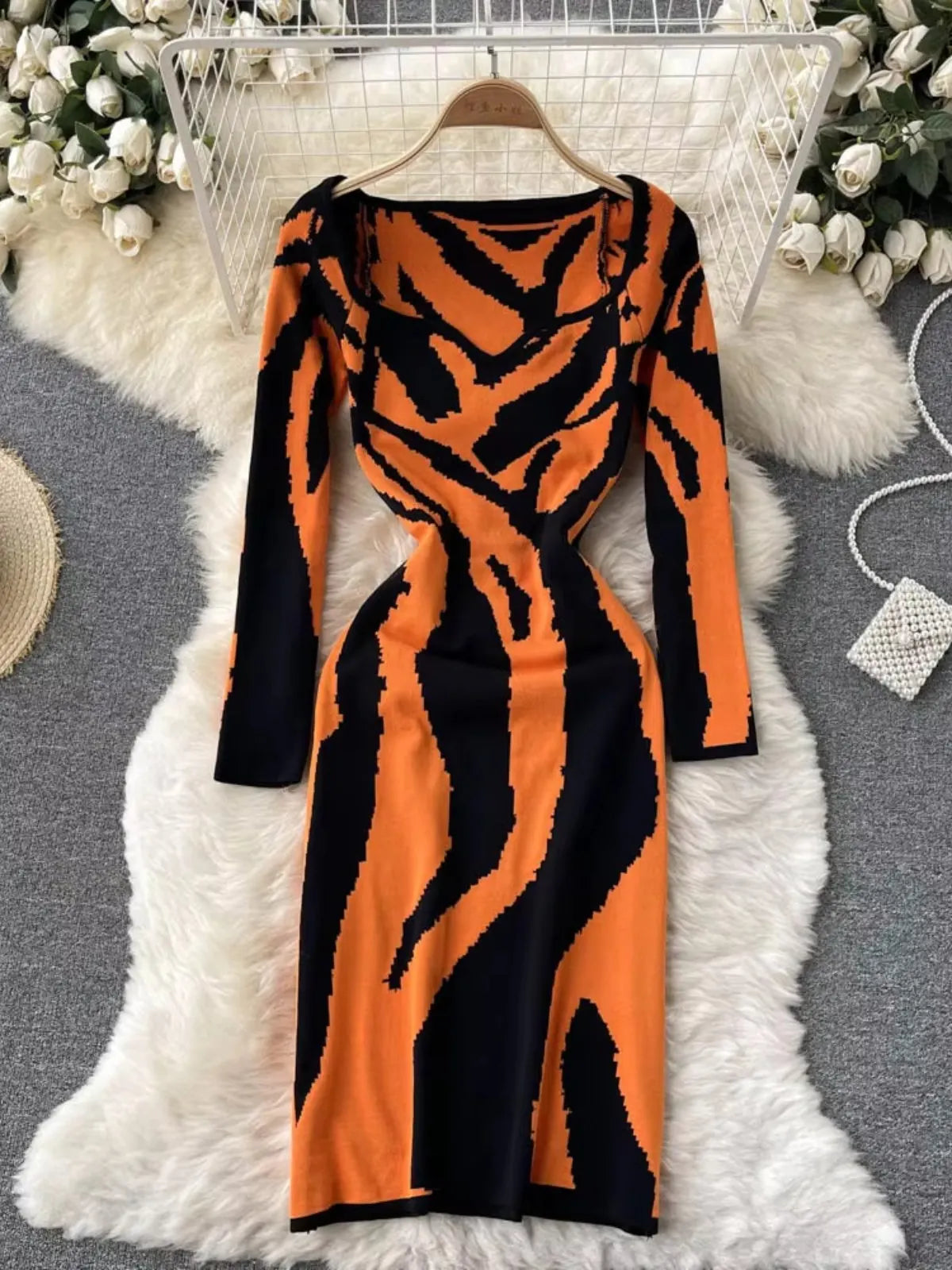 Bold Tiger Print Long Sleeve Bodycon Dress