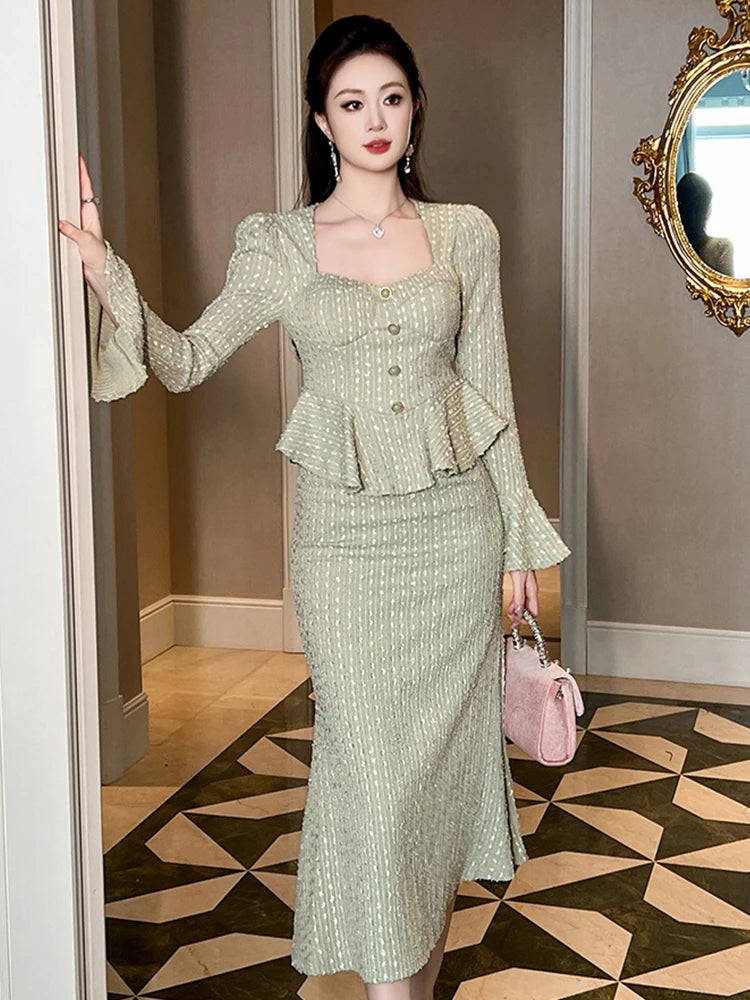 Fashion Women's French Elegant Dress Woman Celebrity Long Sleeve Ruffles  Tunic Fishtail Robe Busin on Luulla