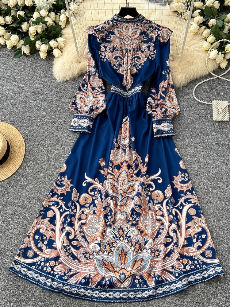 Floral Paisley Long Sleeve Maxi Dress Bohemian