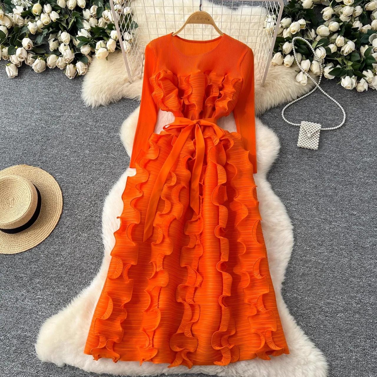 open lace back dress Elegant One Shoulder Burnt Orange Ruffle Mermaid Long Prom Dress, PD36 –  AlineBridal main image 0