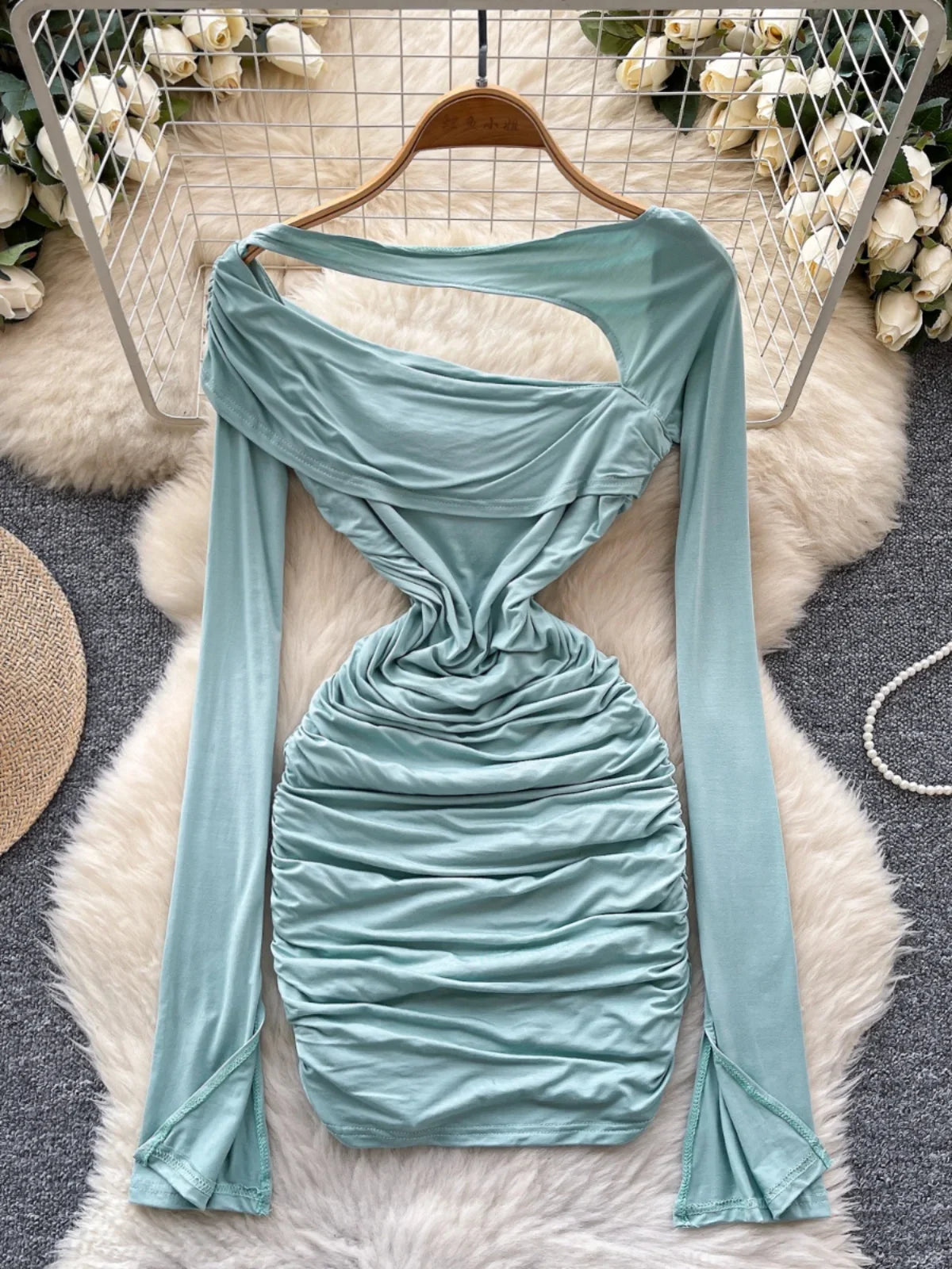 Asymmetrical Cutout Dress With Ruched Long Sleeves