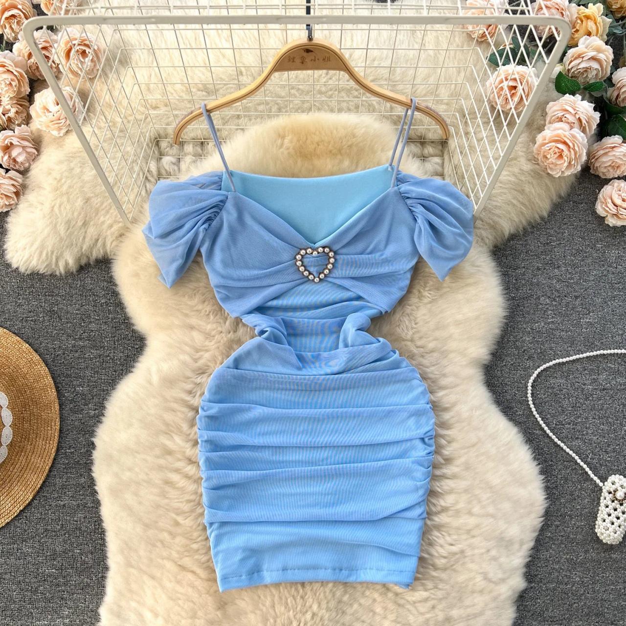 Light Blue Ruched Mini Dress With Heart Charm
