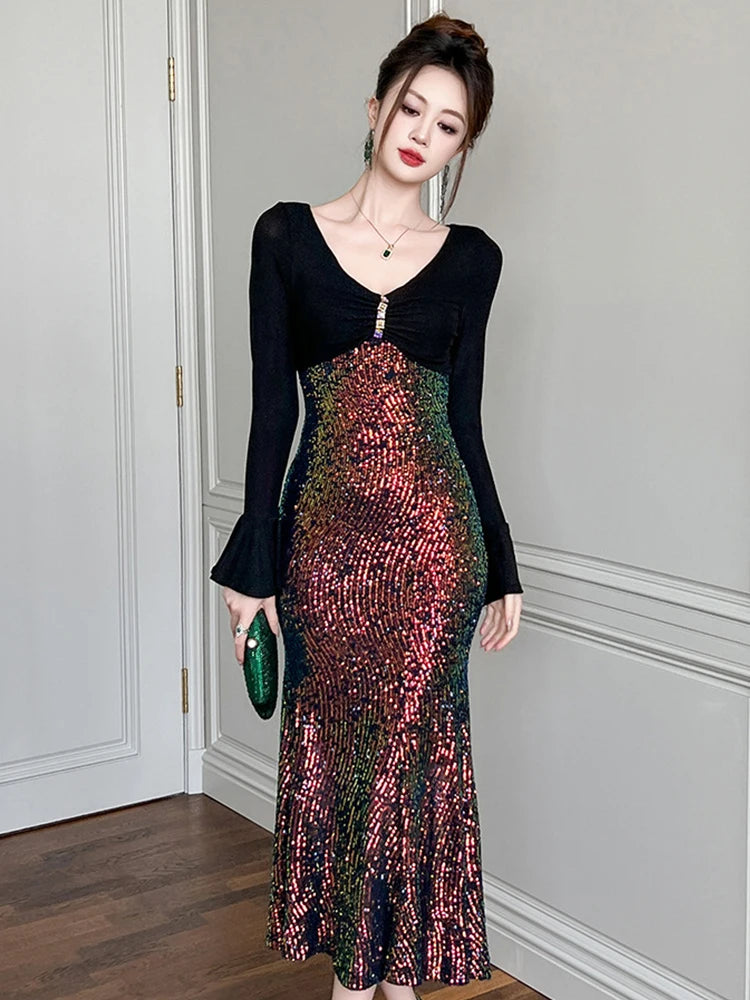Sequin Long Sleeve Maxi Dress With Gradient
