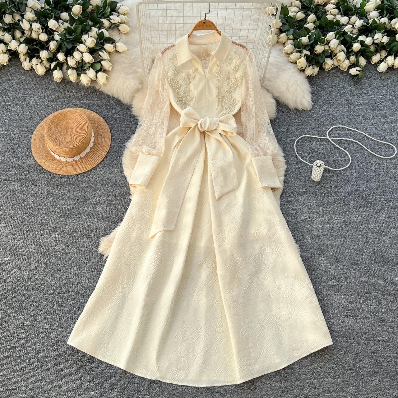 Lace Belted Long Sleeve Embroidered Maxi Dress
