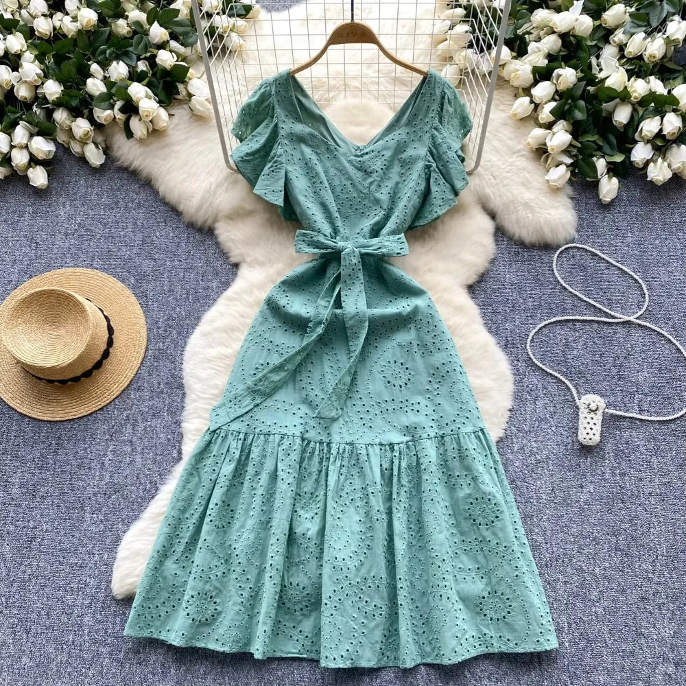 Summer Eyelet Midi Dress With Adjustable Waist