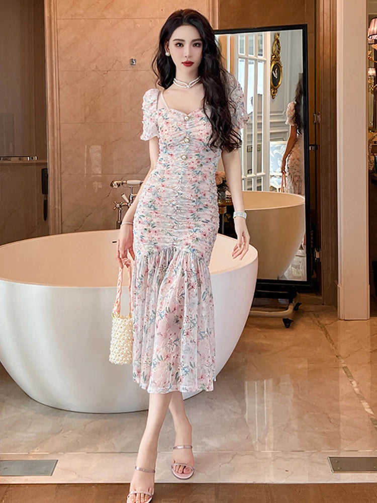 floral ruched midi dress VENUS Side | Lovely Ditsy Blue stretchy fabric allows room for hips Ruched Detail Floral Midi Dress