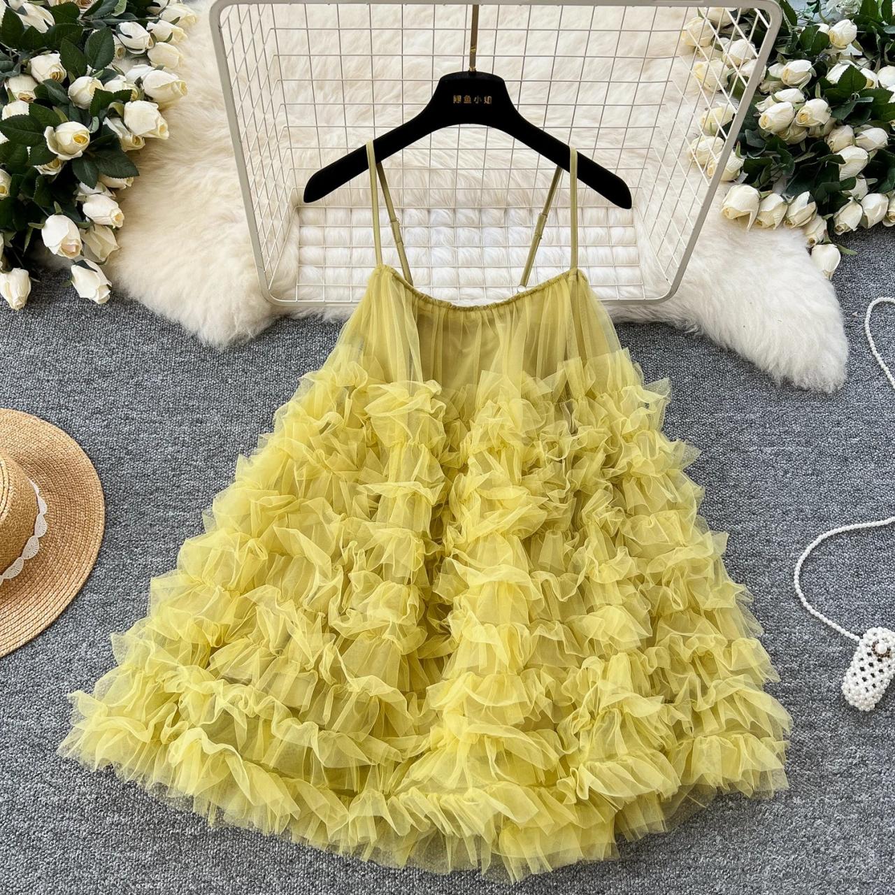 Flowy Yellow Sleeveless Ruffle Layered Party Dress