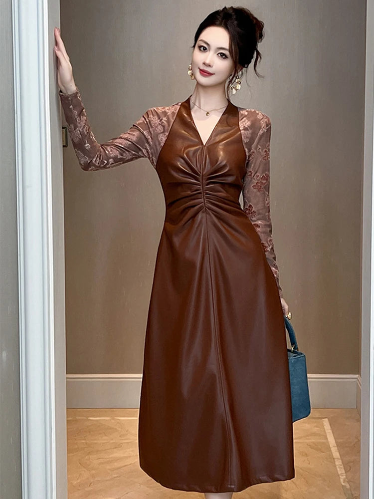 knee length dresses for ladies Rena Brown Faux Leather Dress