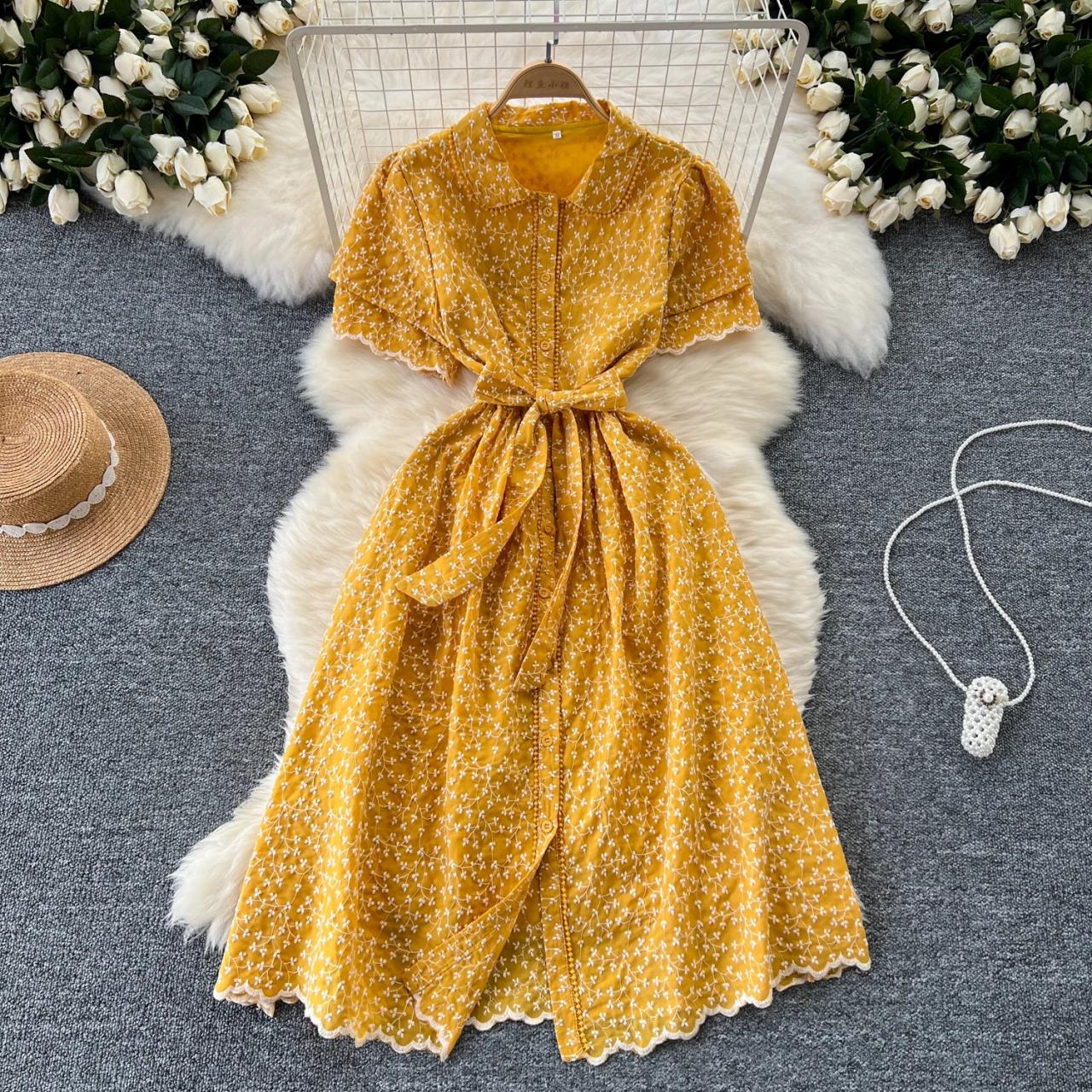 Summer Floral Belted Midi Dress With Sleeves on Luulla