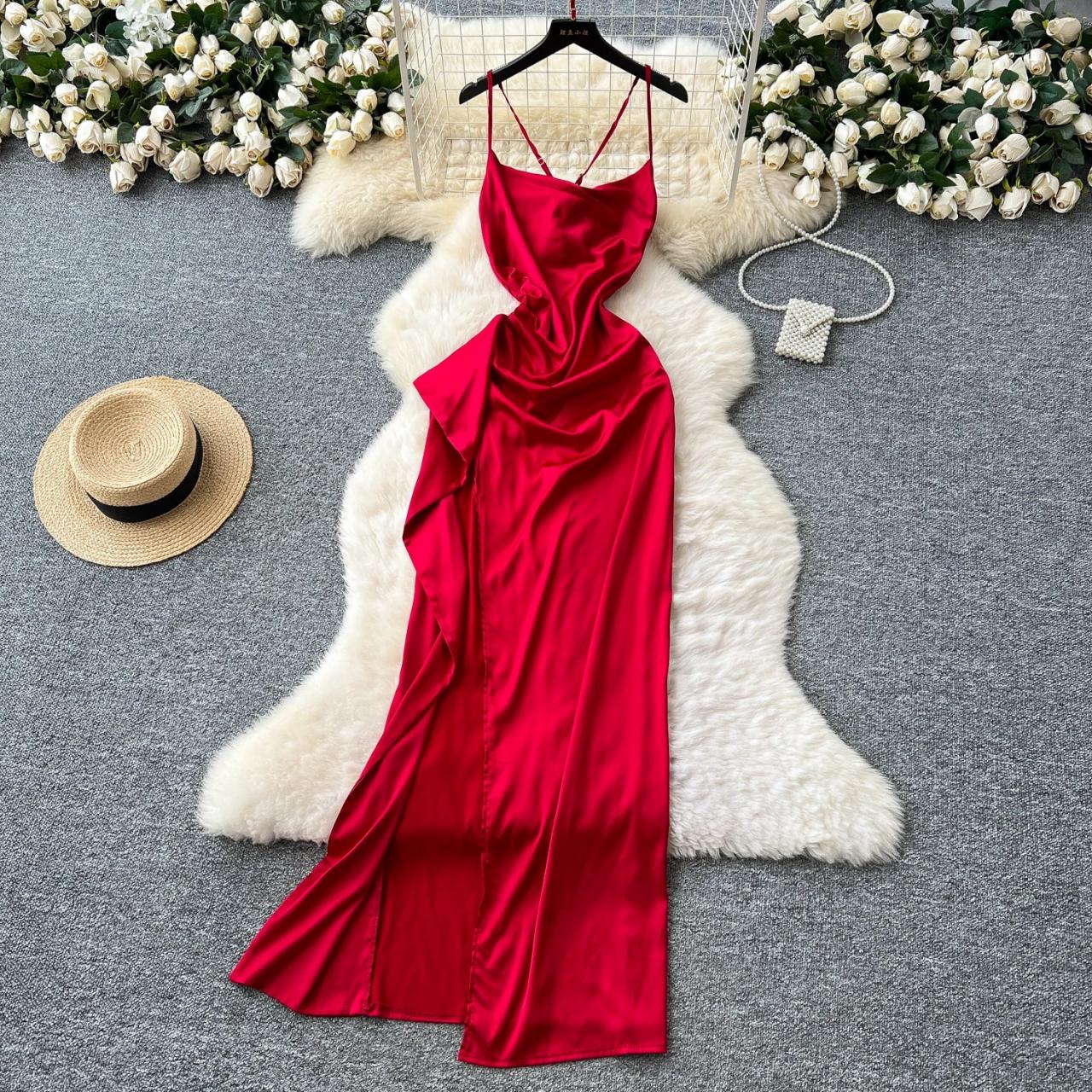 open lace back dress Backless Red Chiffon Slit Maxi Dress Red / US 2 main image 1