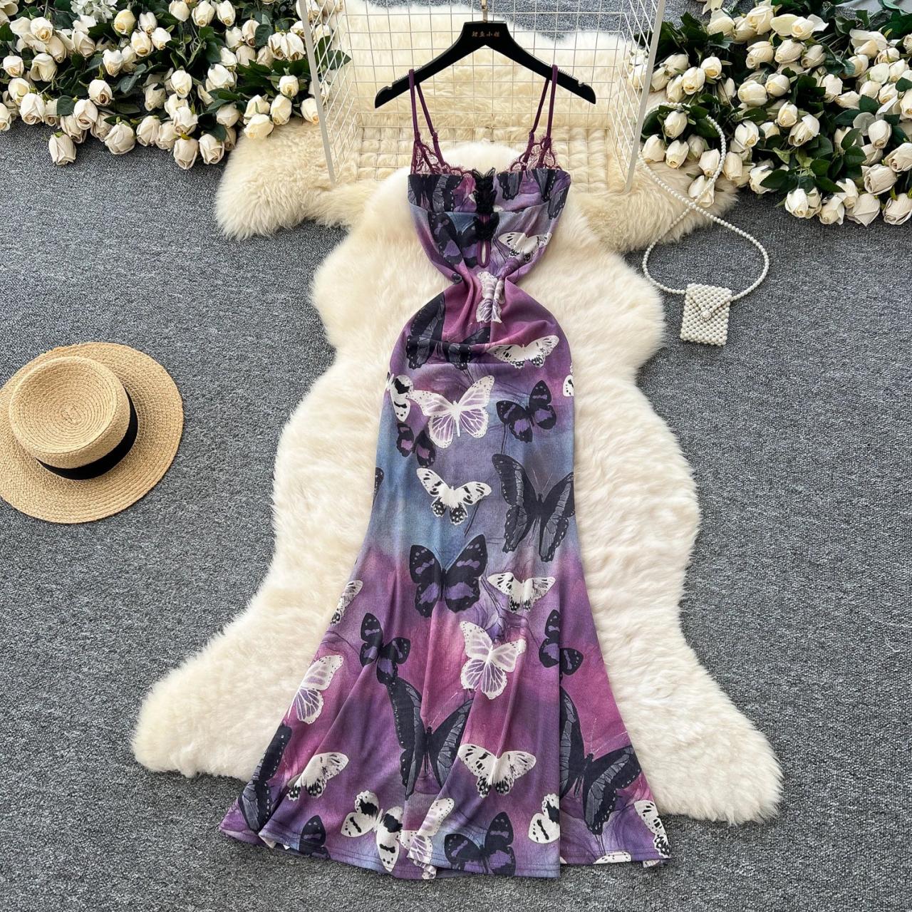Butterfly Print Womens Sleeveless Maxi Summer Dress