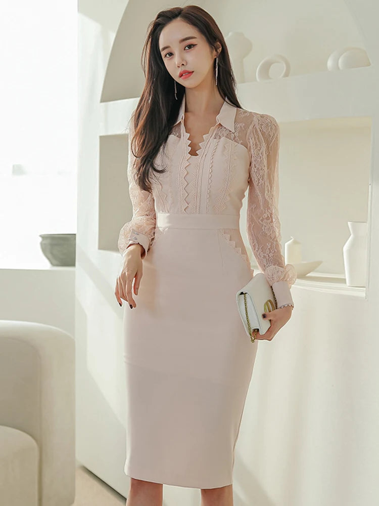 Lace-overlay Bodycon Dress With Sheer Long Sleeves