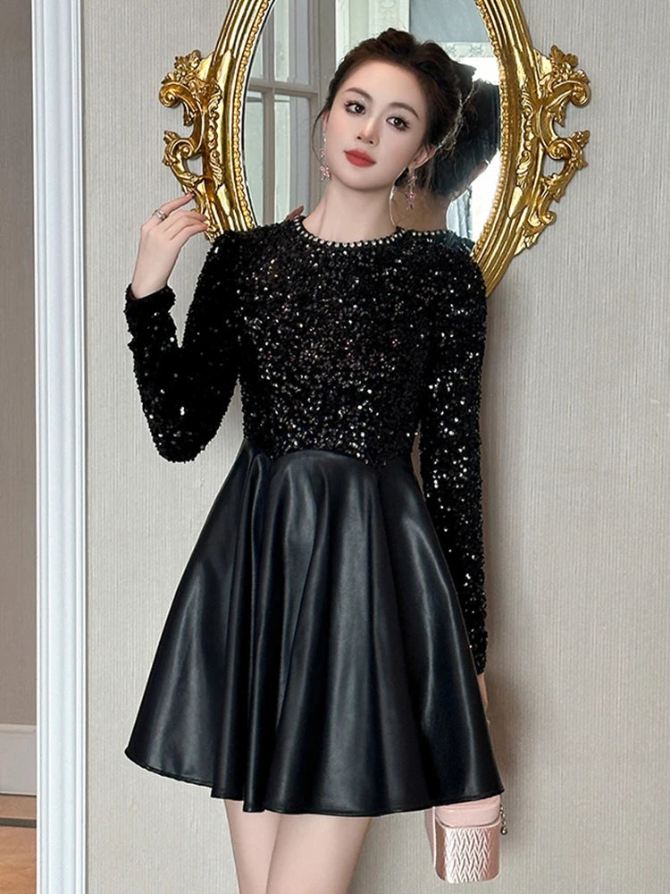 navy blue dress for baby girl Women's Something to Behold Black Faux Leather Short Sleeve Belted Midi Dress | Size: S main image 1