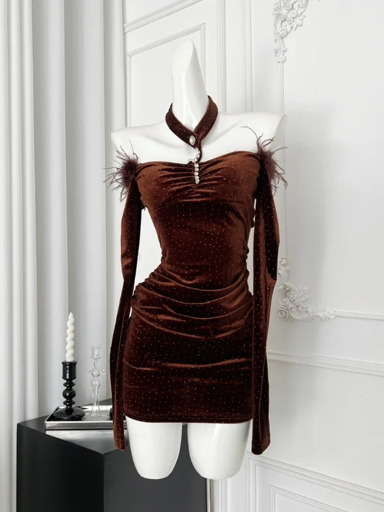 Fitted Brown Velvet Dress With Long Sleeves on Luulla