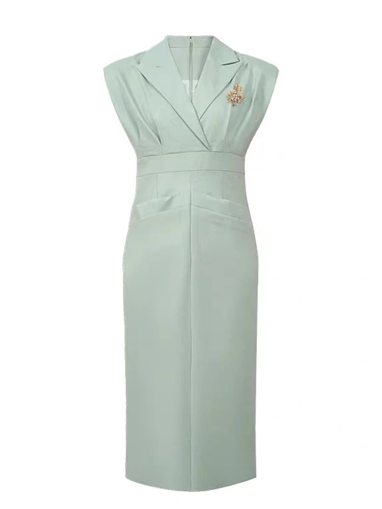 Sleeveless Mint Green Blazer Dress With Brooch on Luulla