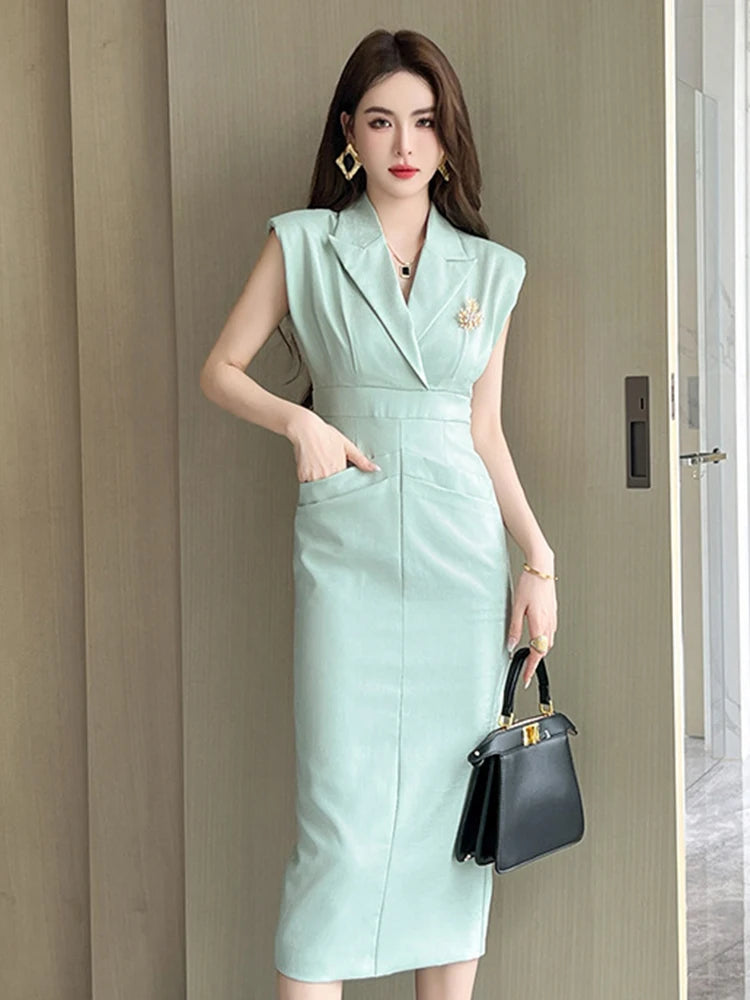 Sleeveless Mint Green Blazer Dress with Brooch