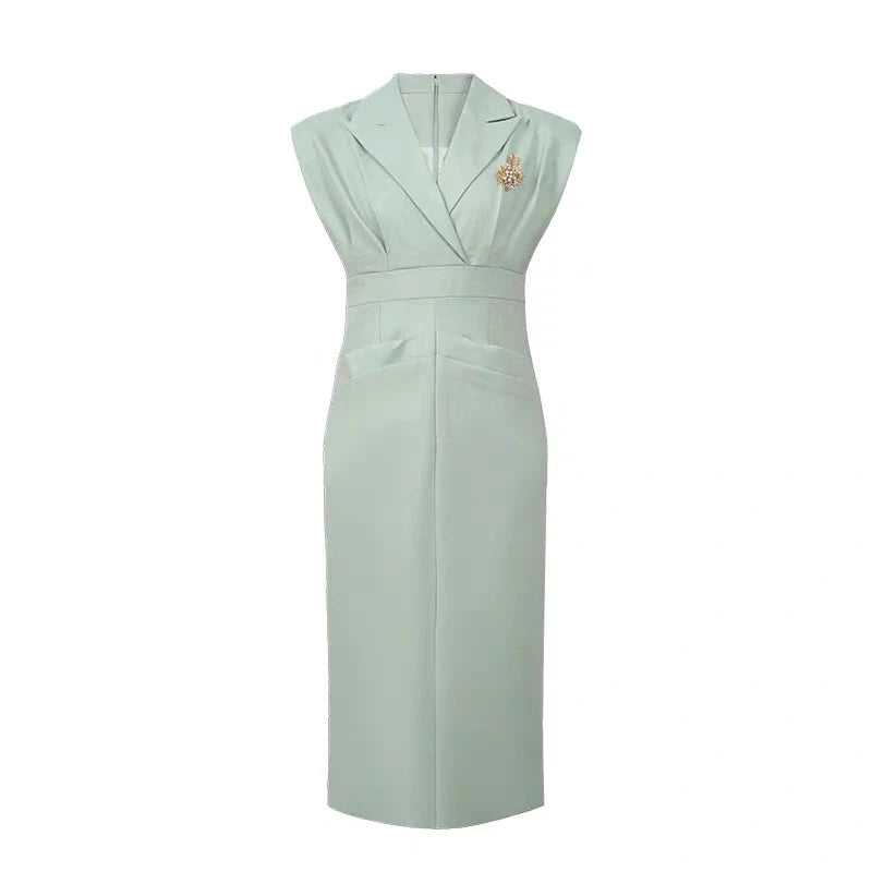 Sleeveless Mint Green Blazer Dress With Brooch on Luulla
