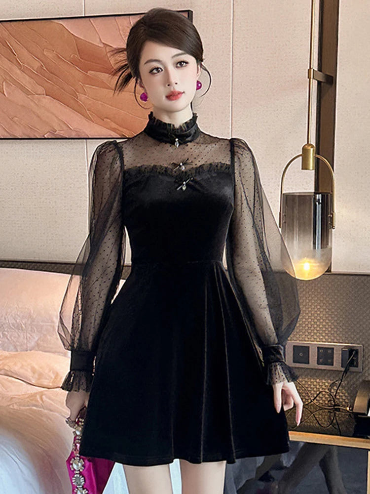 Black Velvet Dress With Sheer Puff Sleeves on Luulla
