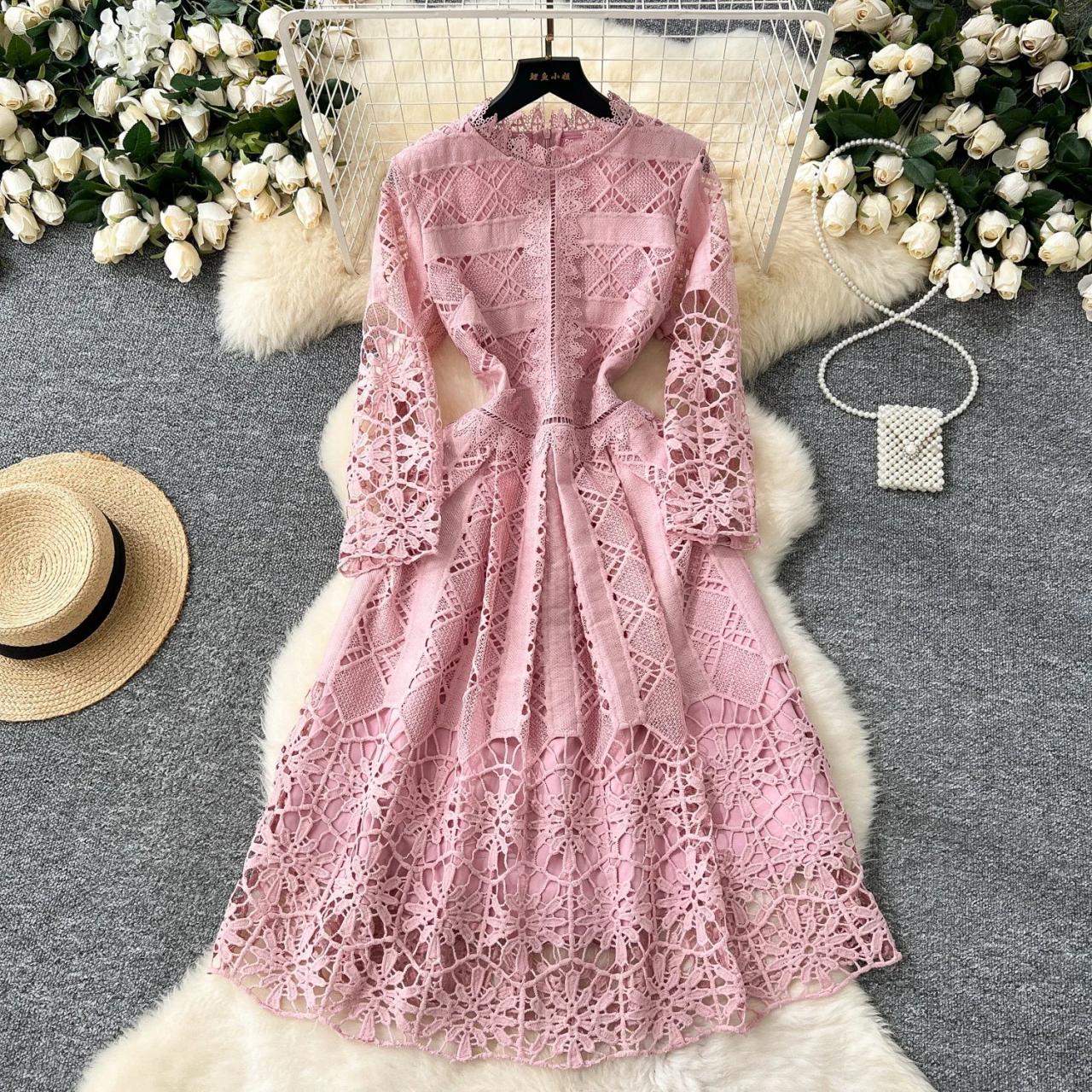 Lace Pink Long-sleeve Mid-calf Party Dress