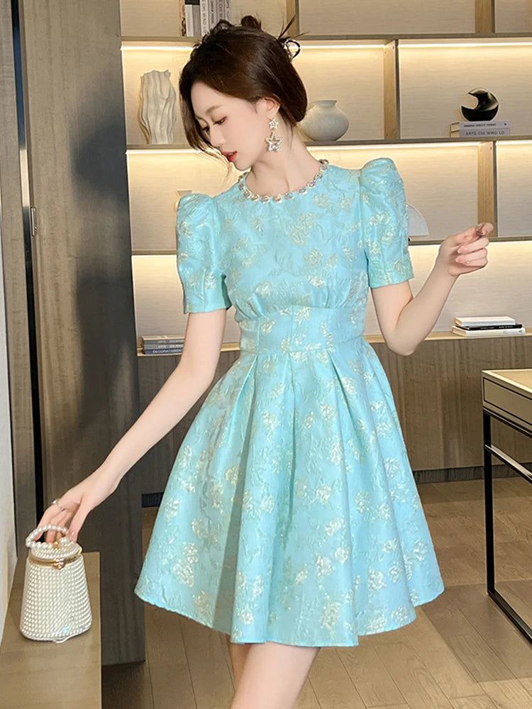 Vintage Blue Floral Dress With Puff Sleeves on Luulla