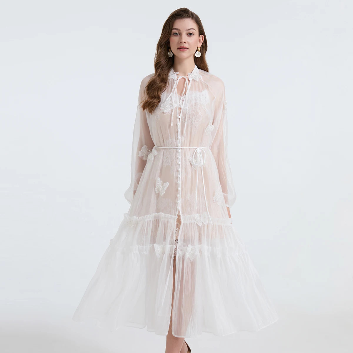 Sheer White Lace Long Sleeve Midi Dress
