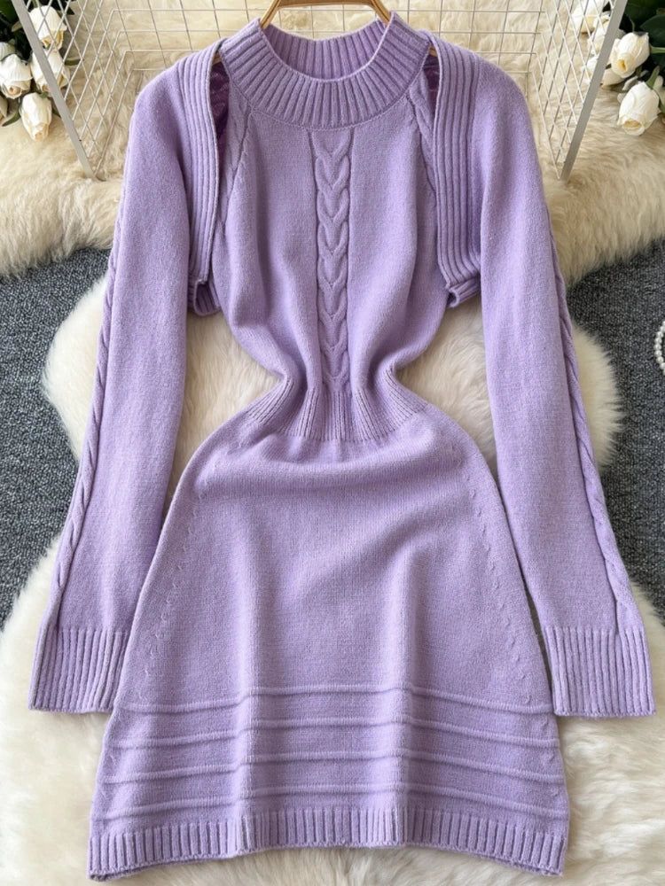 Lavender Cable Knit Long Sleeve Sweater Dress
