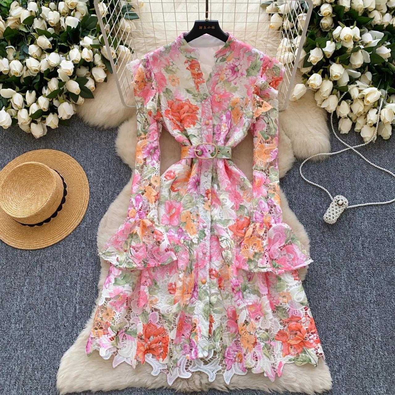 Floral Long Sleeve Belted Lace Trim Dress