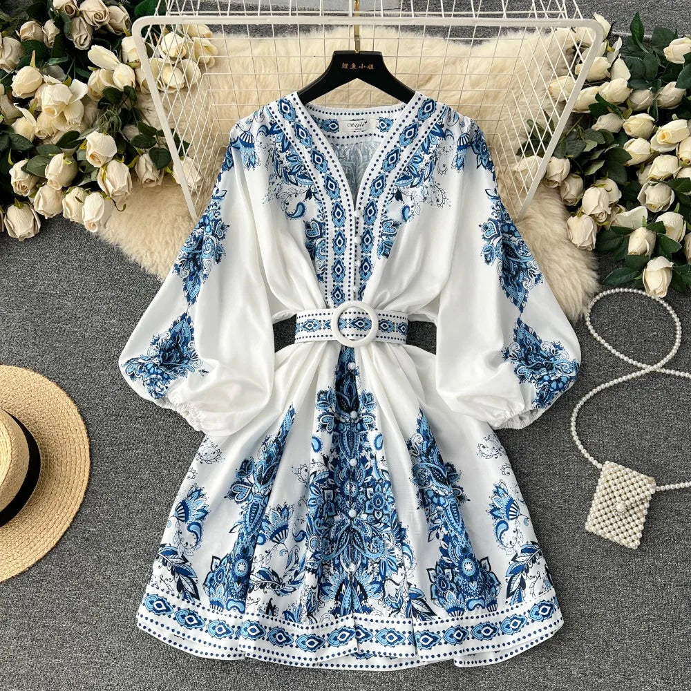 Bohemian Style Floral Printed Belted Cotton Dress