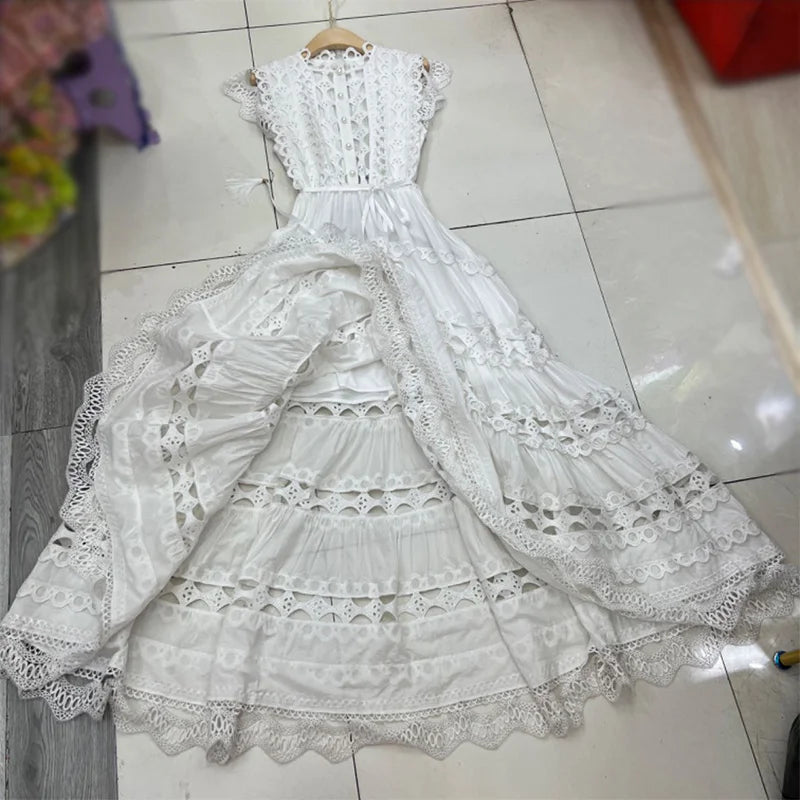 Lace-trimmed White Maxi Dress With Cap Sleeves on Luulla