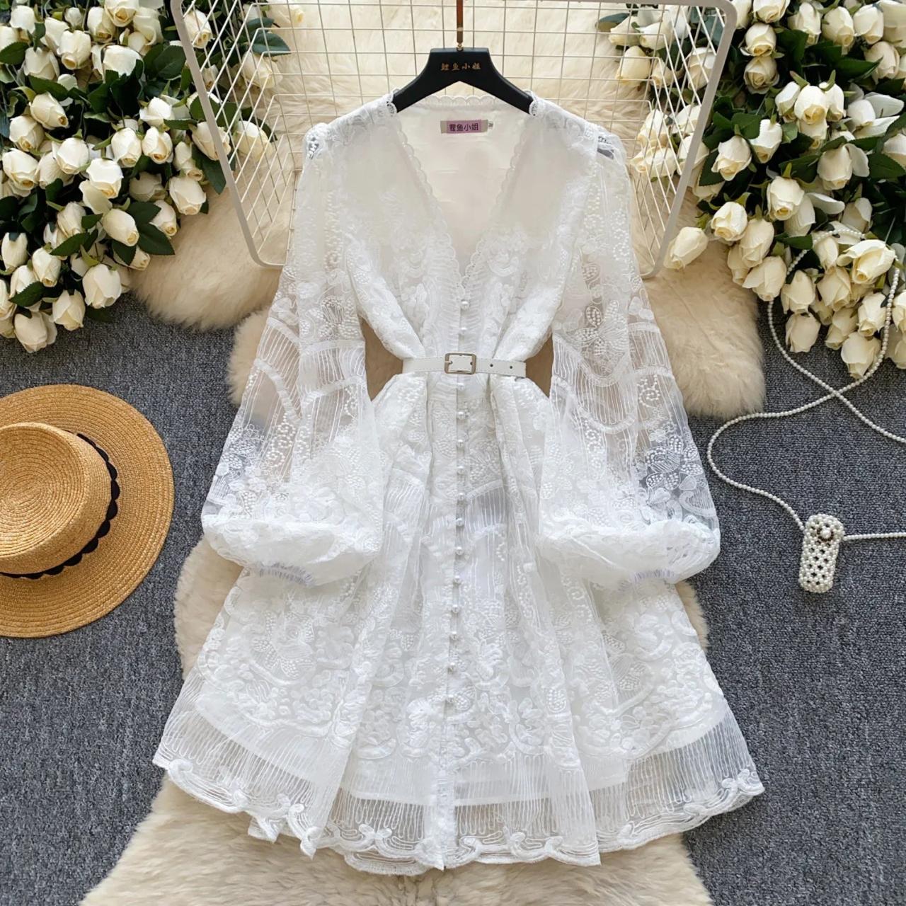 White Lace Maxi Dress With Belted Waist