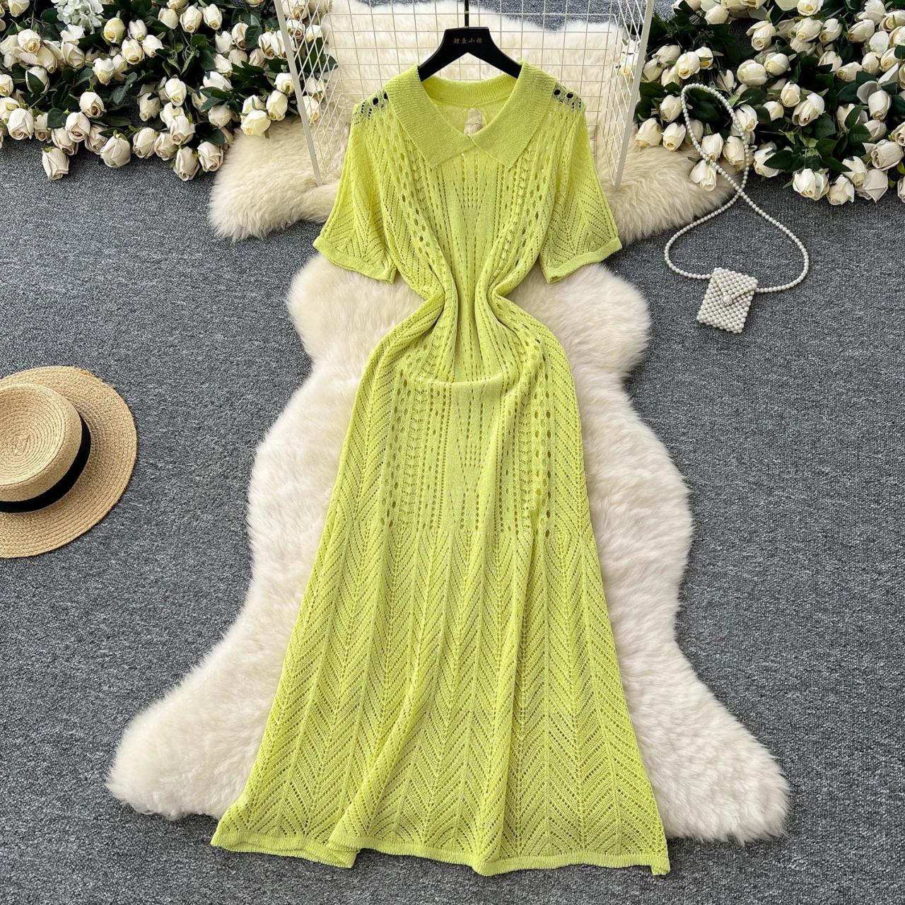 Lime Green Knit Maxi Dress With Short Sleeves