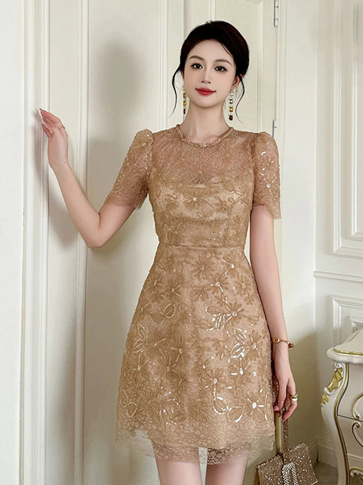 Floral Lace Short Sleeve Knee-length Cocktail Dress