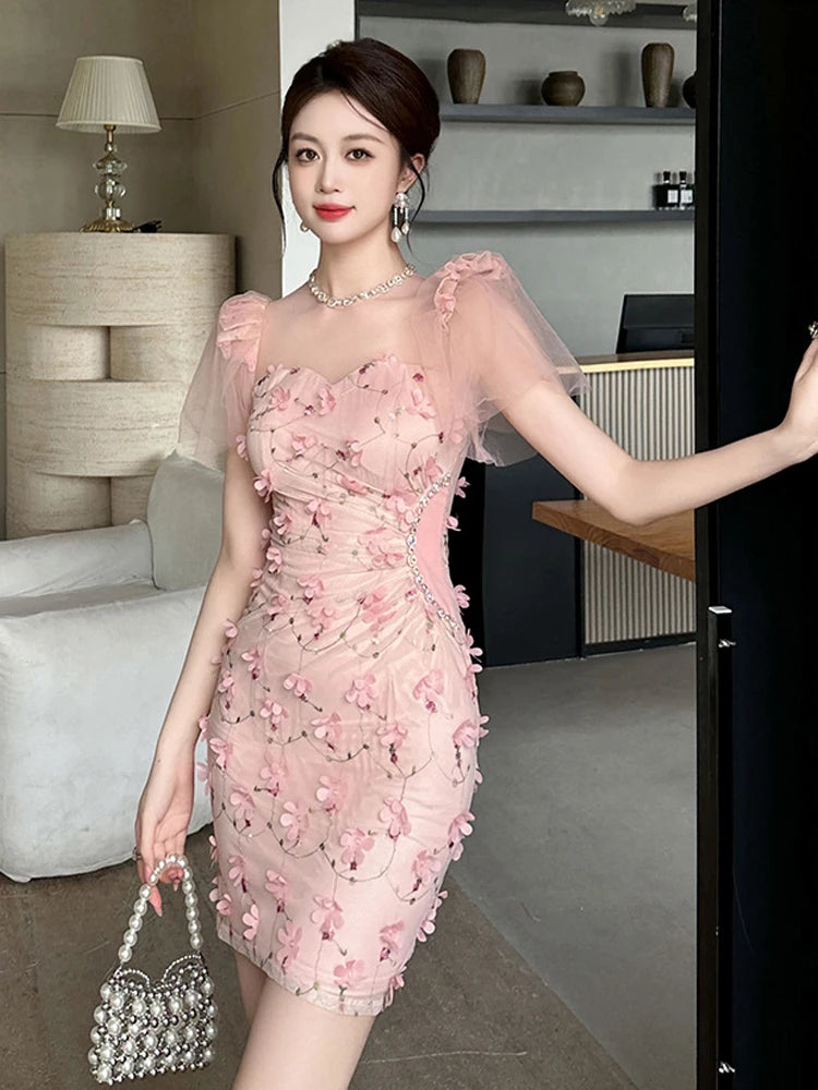 Luxury Sexy Gentle Vacation Evening Dress Women Clothes Elegant Pink Floral Sheer Diamonds Skinny Gown Party Prom Vestidos Beach