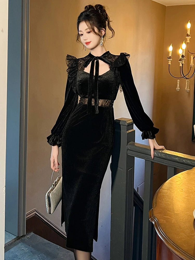 Velvet Ruffle Maxi Dress With Lace Accents