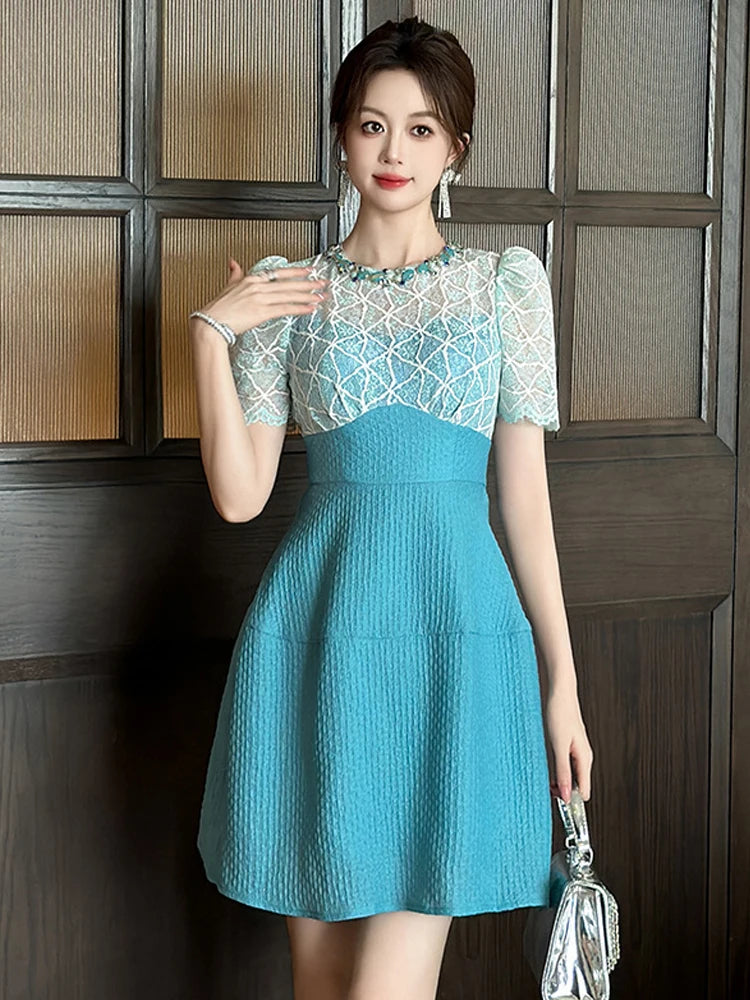 Lace Overlay Short-sleeve Dress With Handbag on Luulla