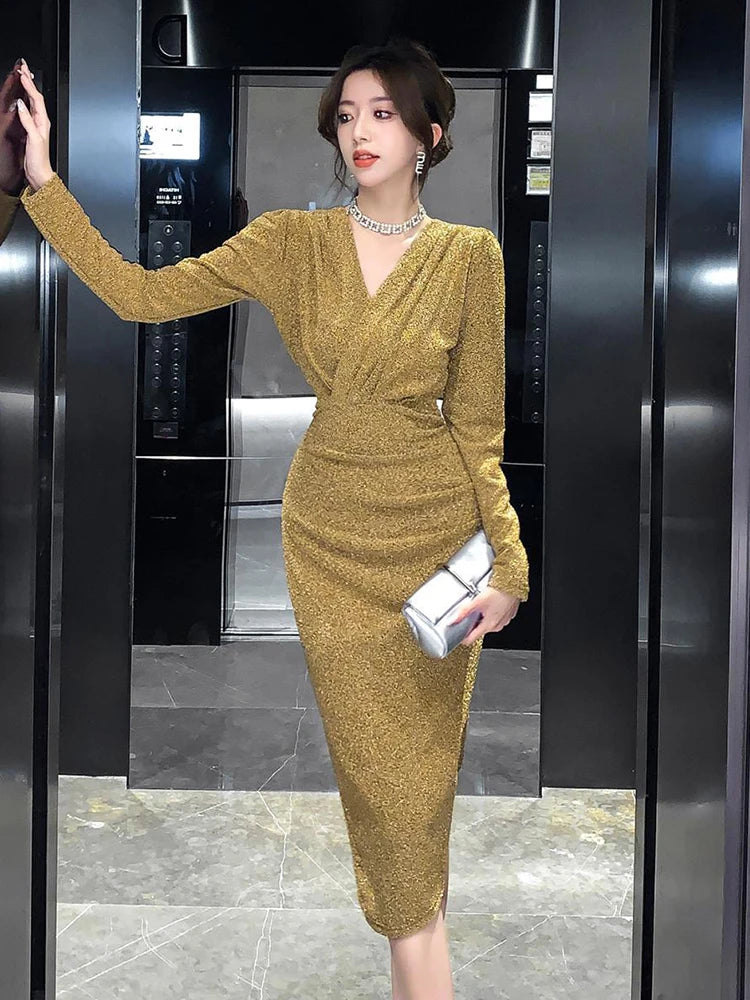knee length dresses for ladies Jade Silver Sequin Wrap Dress