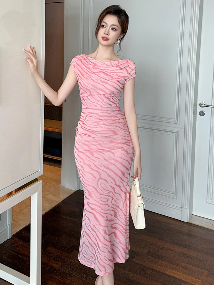 Pink Zebra-patterned Cap Sleeve Maxi Dress
