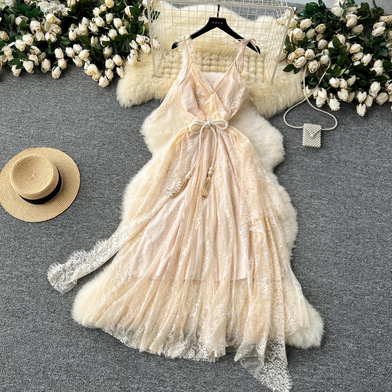 Lace Floral Beige V-neck Sleeveless Summer Dress on Luulla