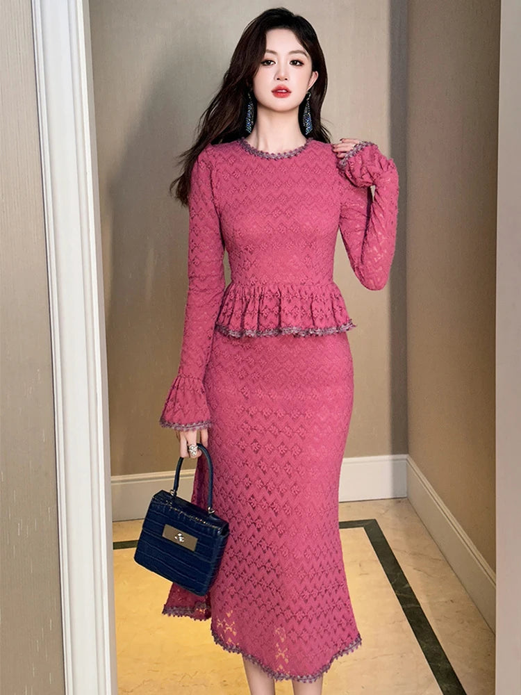 Women Clothes Sweet Solid Lace Fake 2-Piece O-Neck Slim Mermaid Dress Elegant Ladies Formal Robe Party Birthday Vestidos Casual