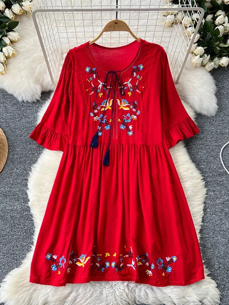 tassel embroidered dress V-Neck Hollow Tassel Embroidered Dress