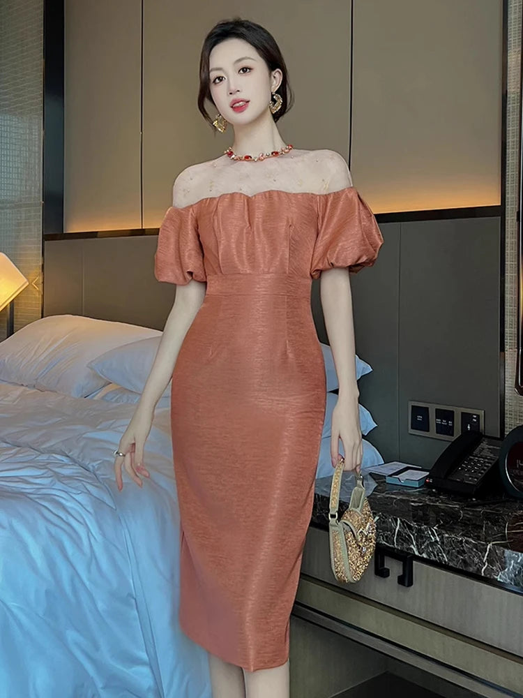 Off-shoulder Puff Sleeve Rust Midi Dress on Luulla