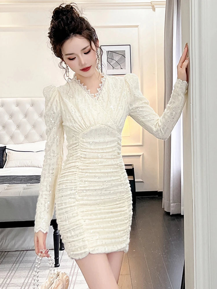 White Lace Puff Sleeved Ruched Bodycon Dress