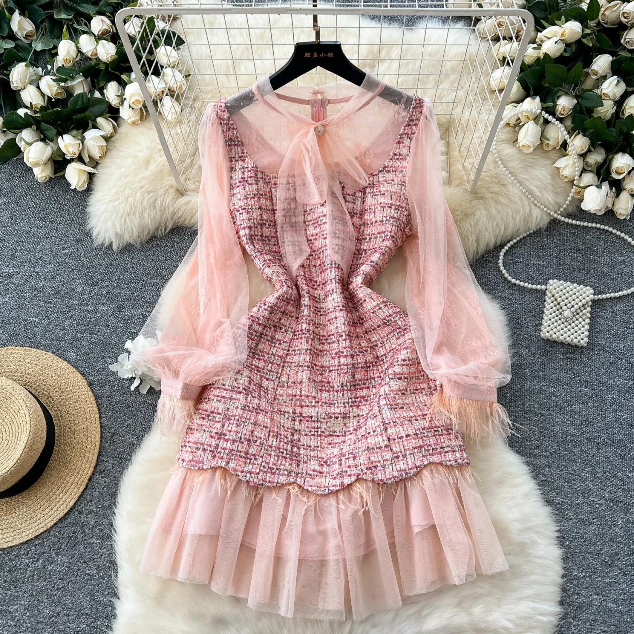 Chic Pink Dress With Sheer Layered Sleeves