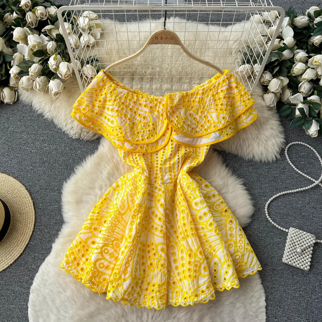 Off-shoulder Yellow Ruffled Summer Dress Floral Pattern