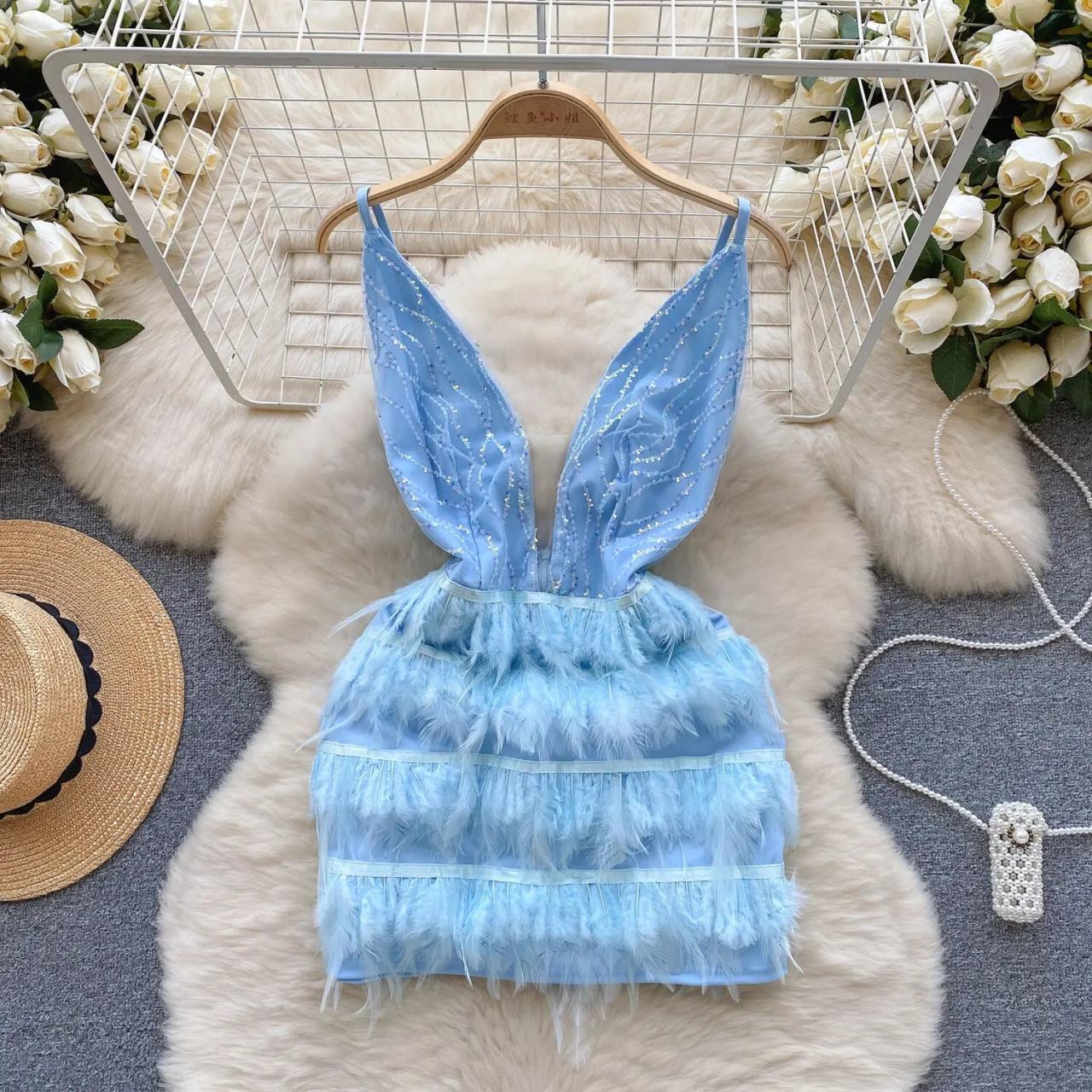 christy dawn blue dress Dressself Blue Sequin Homecoming Dress with Feather Short Party Dresses main image 0