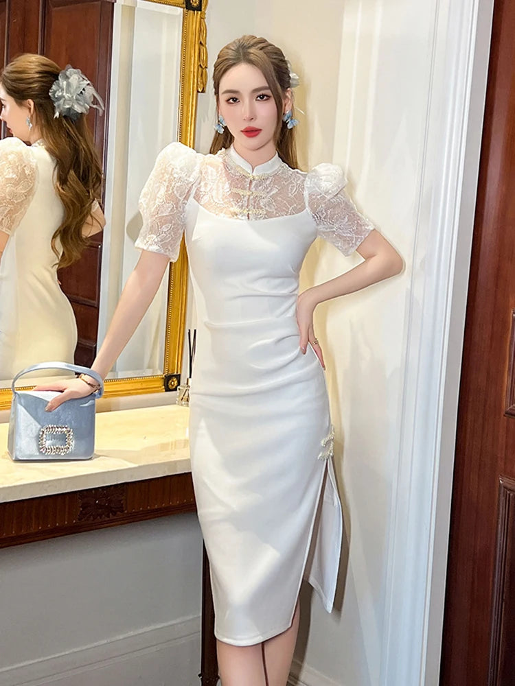 Summer White Fake 2 Piece Evening Dress Women Clothes Elegant Vintage Sexy Puff Sleeve Slim Folds Party Gown Vestidos Fiesta