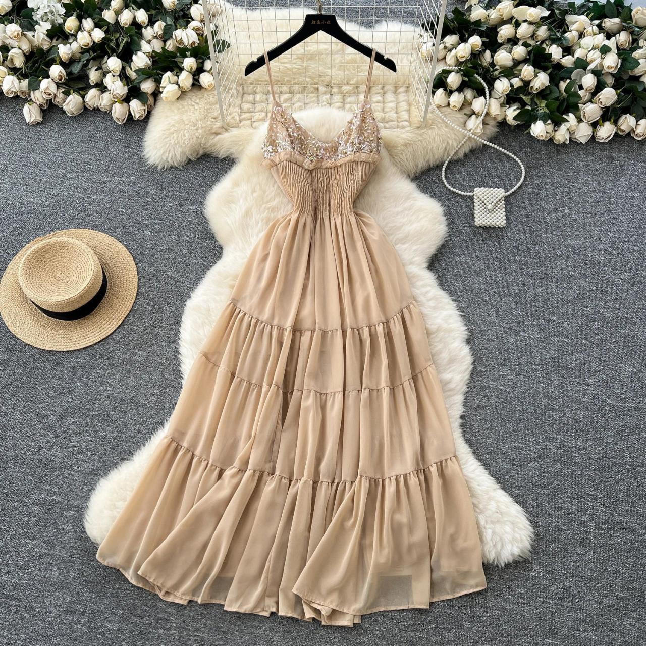 Sequined Spaghetti Strap Tiered Maxi Dress