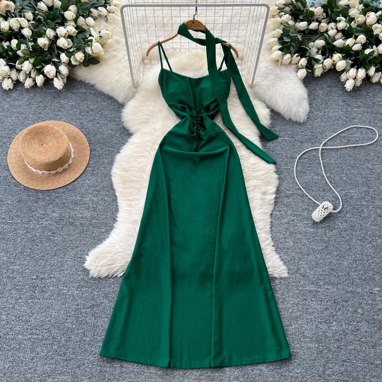 Green Satin Halter Maxi Dress With Bow on Luulla