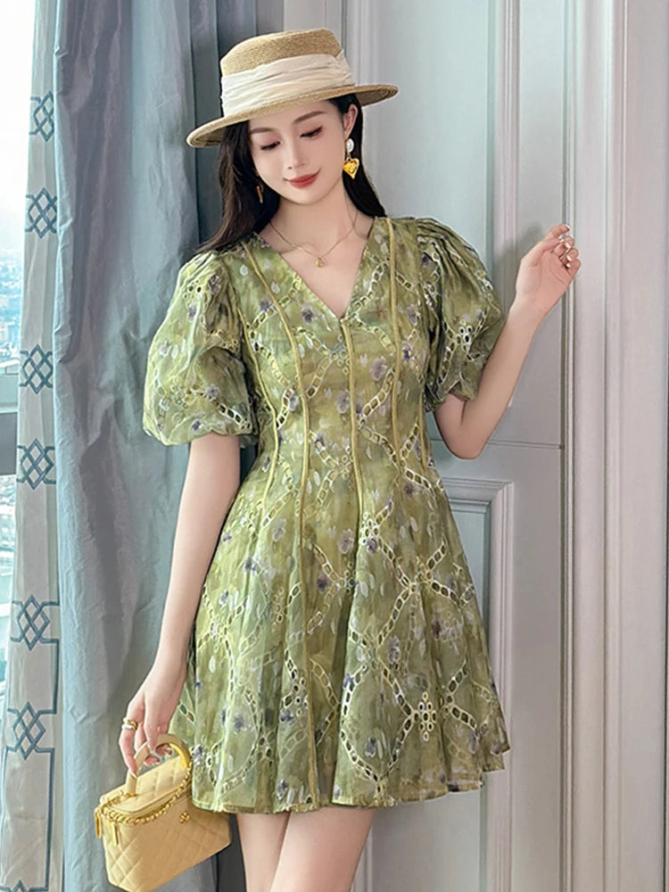 floral puff sleeve line dress Teri Jon Silk Linen Puff Sleeve Placement Print Dress Size 6