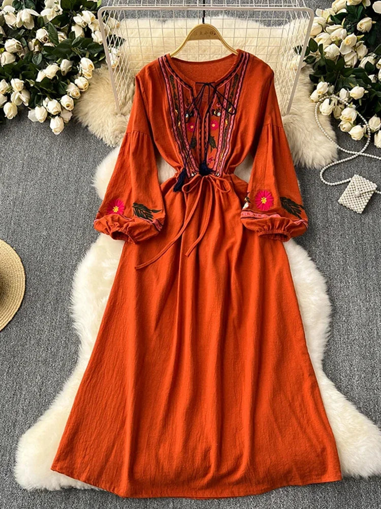Boho Floral Embroidered Long Sleeve Maxi Dress on Luulla